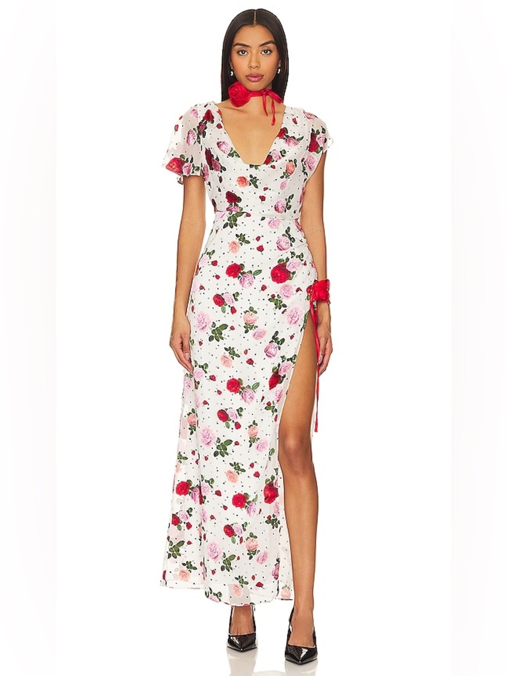 For Love & Lemons White Floral V-Neck Dress with Red & Pink Roses